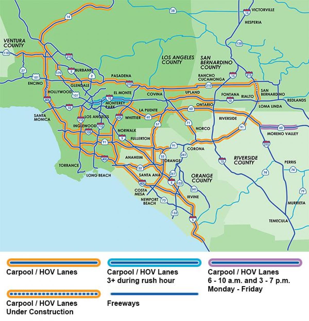 Los Angeles freeway carpool lanes mapa